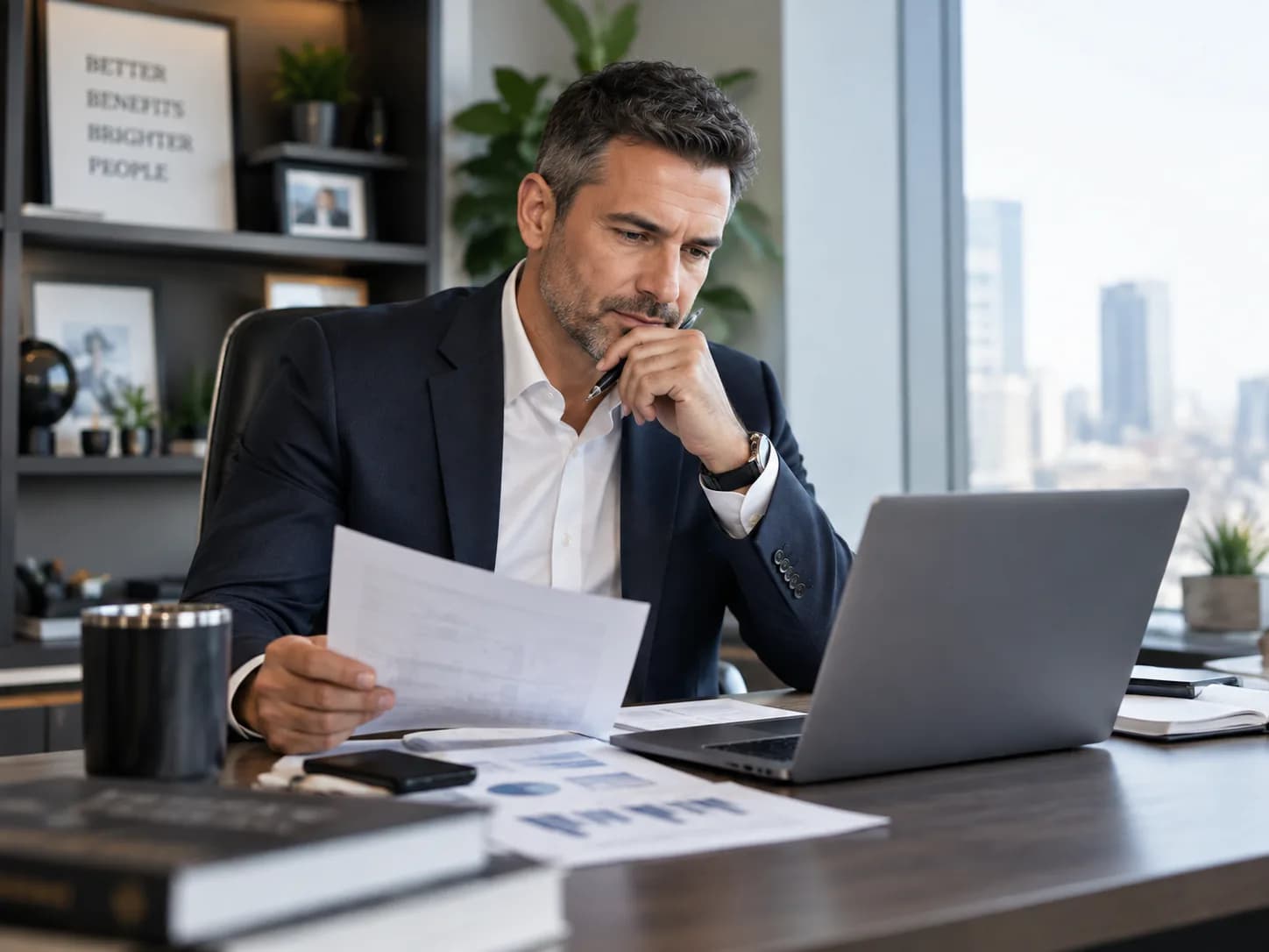 An independent employee-benefits broker reviewing their book of business at a desk.