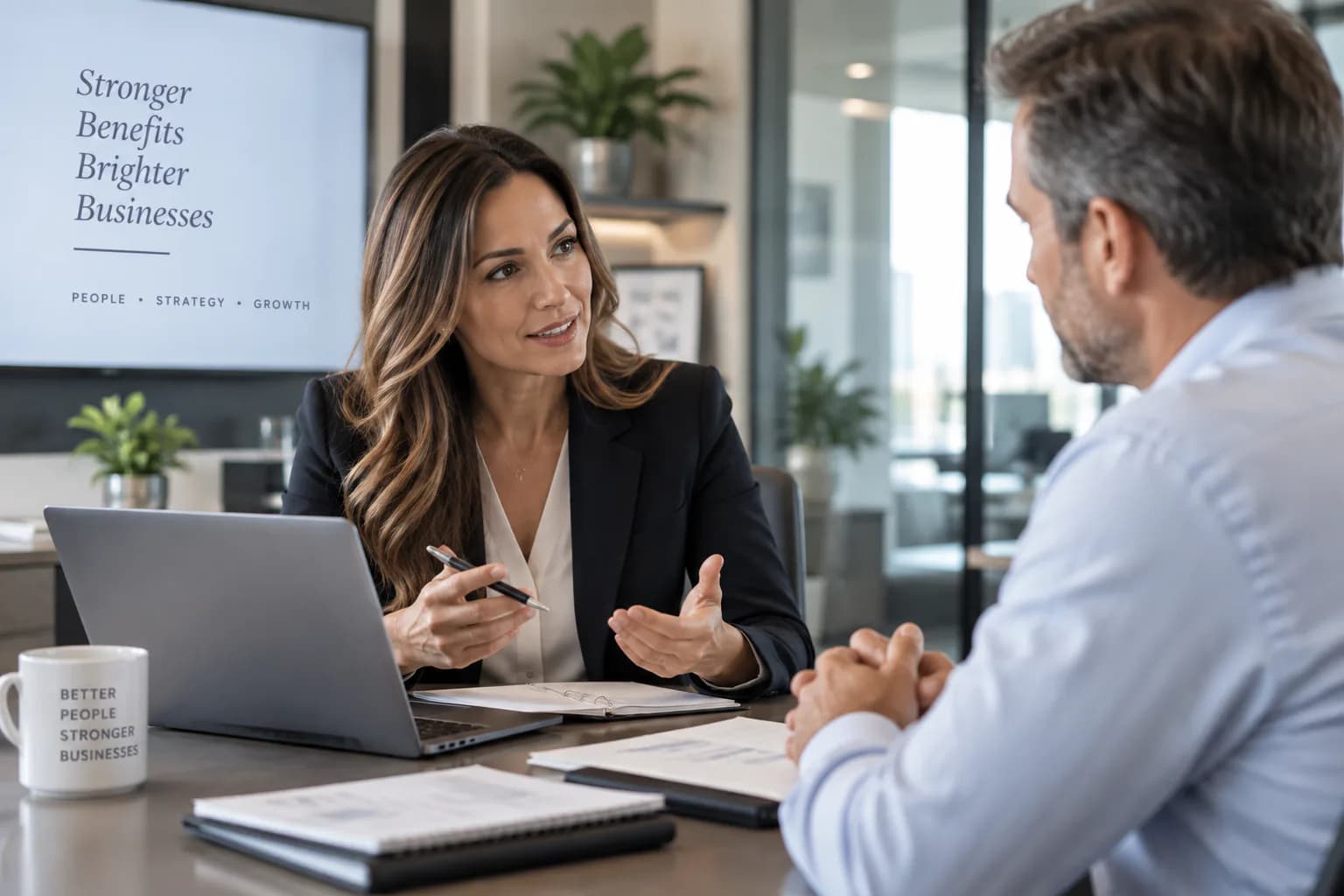 A benefits advisor and an employer in conversation across a table in a modern office.