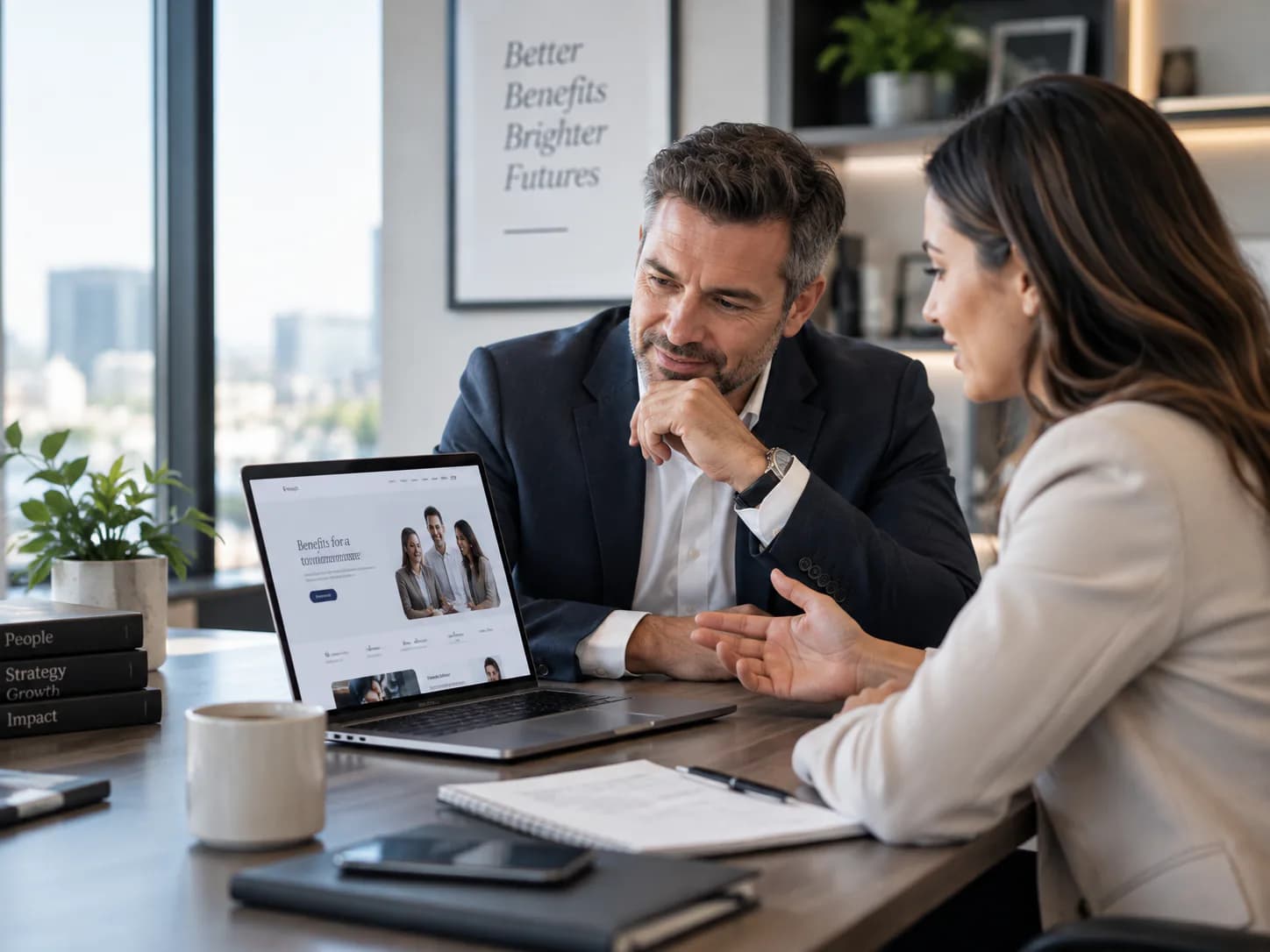 Two professionals reviewing a finished website design together on a laptop in an office.