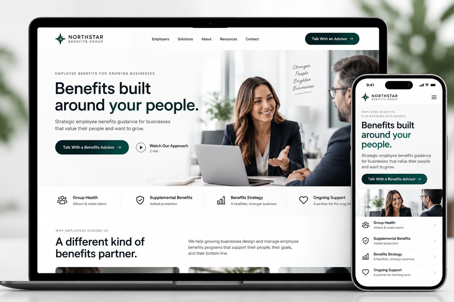 Concept design of a premium, employer-focused benefits brokerage website shown on a laptop and a phone.